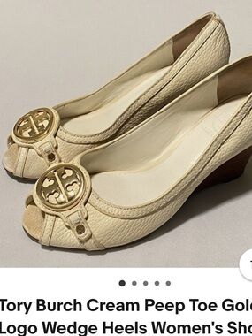 Tory Burch Cream Leather Peep-Toe Wedge with Gold Logo Medallion